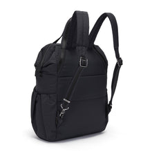 Load image into Gallery viewer, Back side view of the Pacsafe Citysafe CX Anti-Theft Backpack color Black made with ECONYL® regenerated nylon
