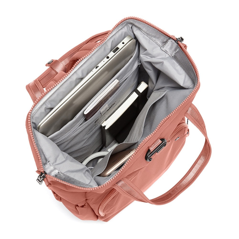 Inside view of the Pacsafe Citysafe CX Anti-Theft Backpack color Rose made with ECONYL® regenerated nylon