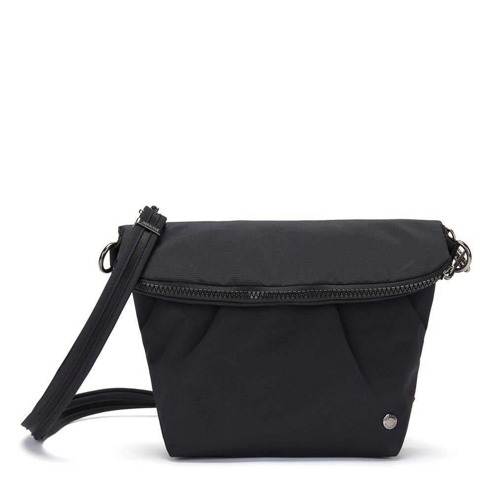 Front view of the Pacsafe Citysafe CX Anti-Theft Convertible Crossbody color Black made with ECONYL® regenerated nylon