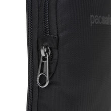 Load image into Gallery viewer, Detail of the Pacsafe Daysafe Anti-Theft Tech Crossbody color Black made with ECONYL® regenerated nylon
