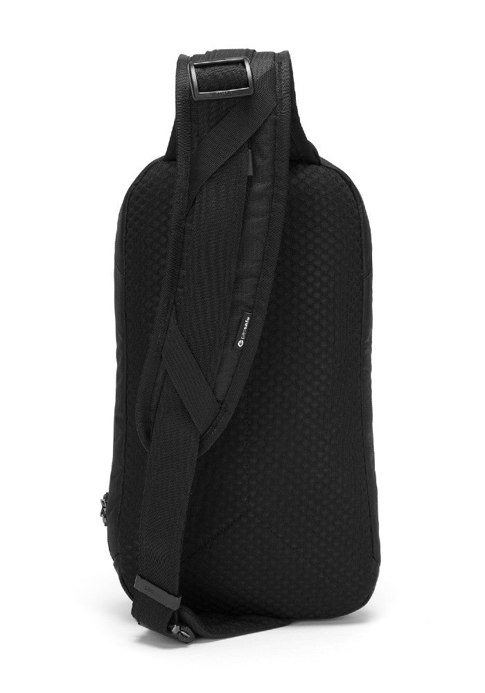 Back view of the Pacsafe Vibe 325 Anti-Theft Sling Pack color Black made with ECONYL® regenerated nylon