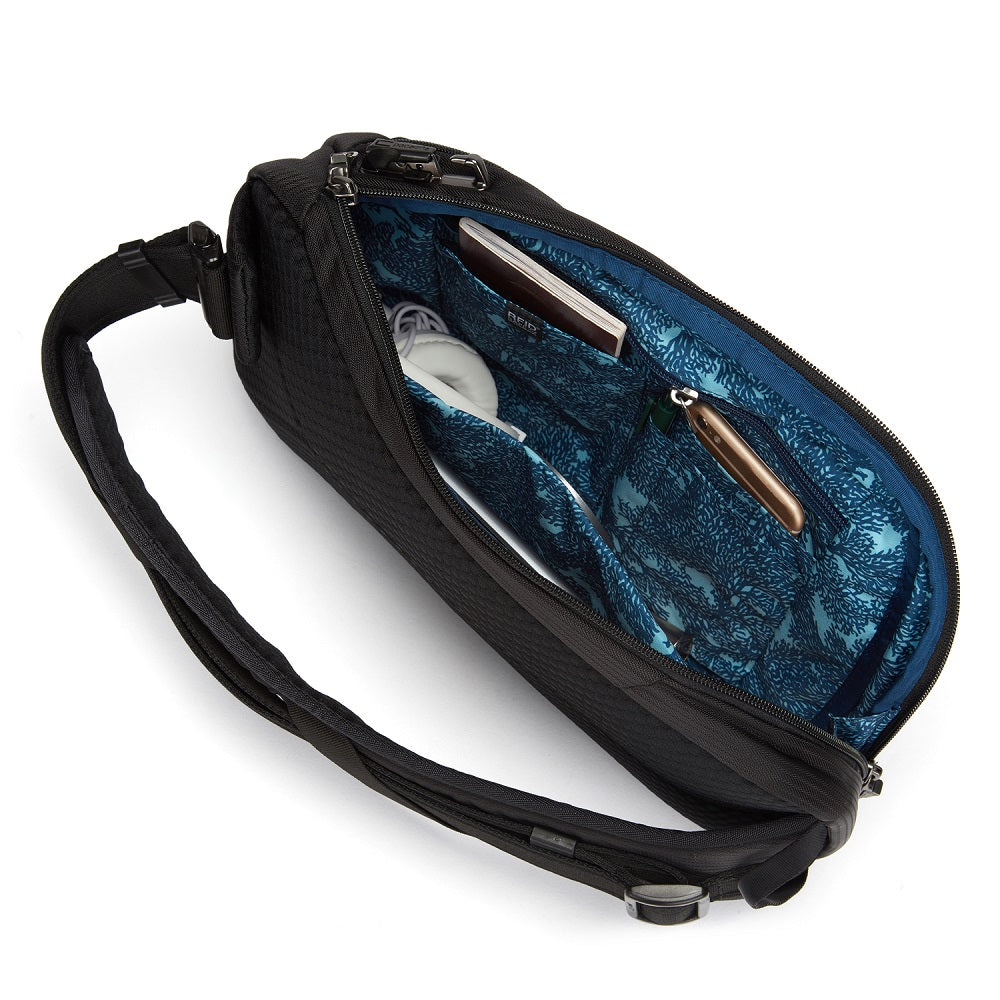 Inside view of the Pacsafe Vibe 325 Anti-Theft Sling Pack color Black made with ECONYL® regenerated nylon