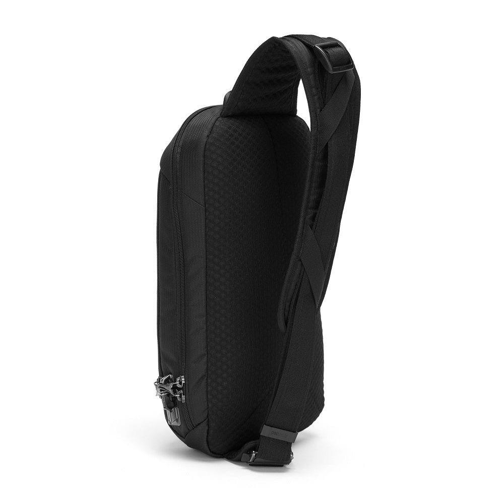 Back side view of the Pacsafe Vibe 325 Anti-Theft Sling Pack color Black made with ECONYL® regenerated nylon