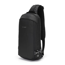 Load image into Gallery viewer, Front side view of the Pacsafe Vibe 325 Anti-Theft Sling Pack color Black made with ECONYL® regenerated nylon
