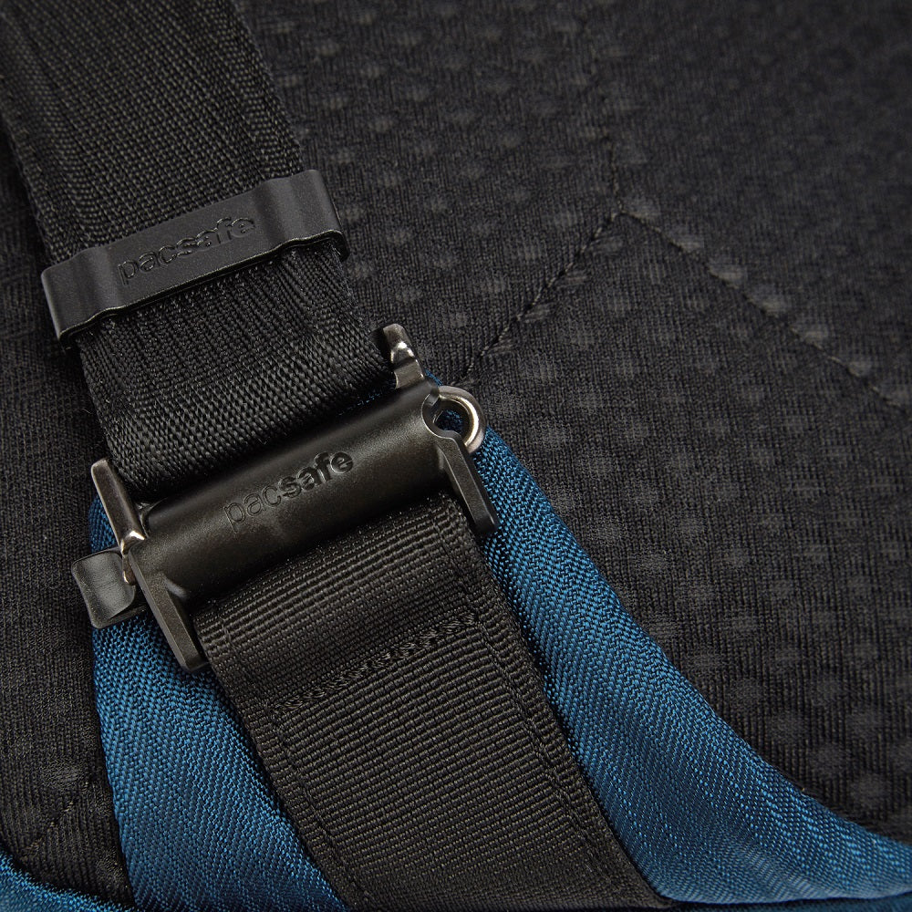 Detail of the Pacsafe Vibe 325 Anti-Theft Sling Pack color Ocean made with ECONYL® regenerated nylon