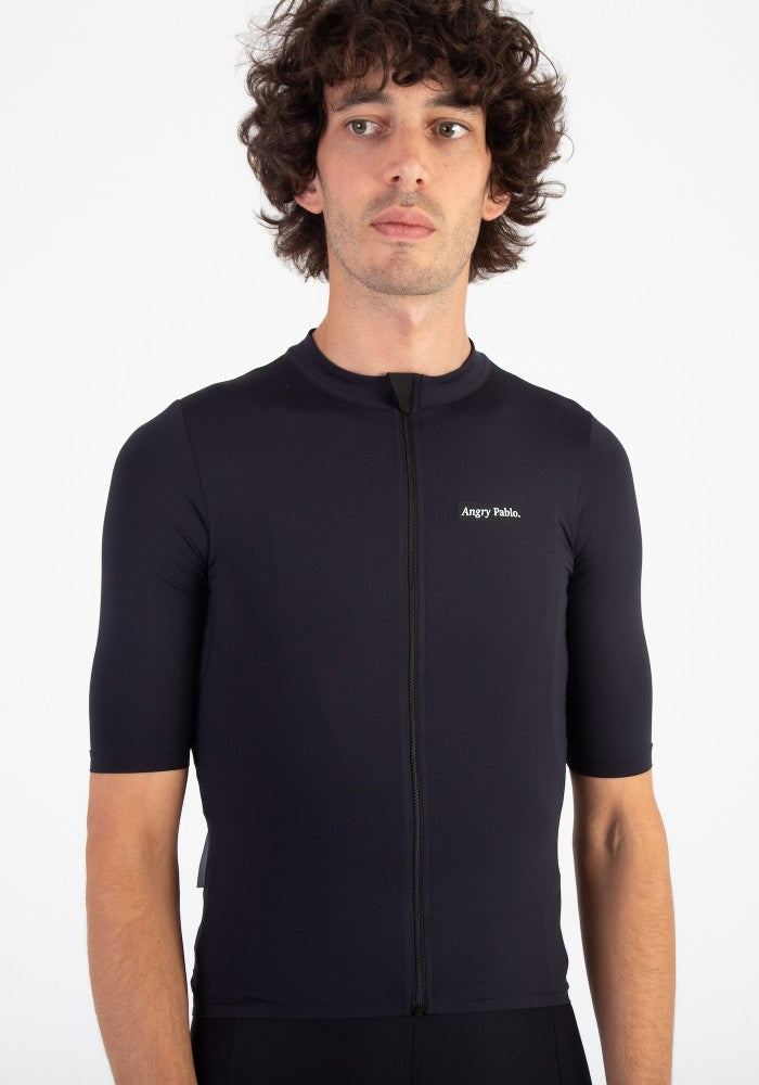 Front view of the Angry Pablo EarthTone Riding Jersey color Black made with ECONYL® regenerated nylon