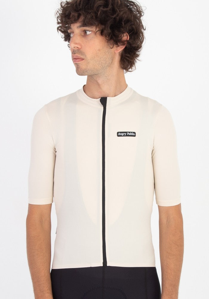 Front view of the Angry Pablo EarthTone Riding Jersey color Chalk made with ECONYL® regenerated nylon