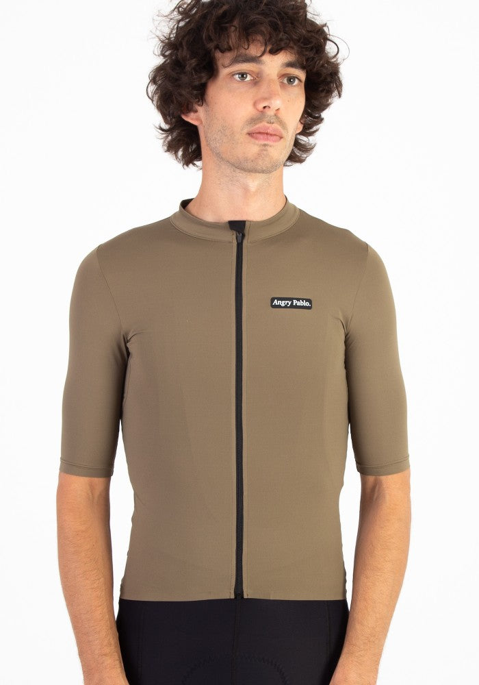Front view of the Angry Pablo EarthTone Riding Jersey color Woodland made with ECONYL® regenerated nylon