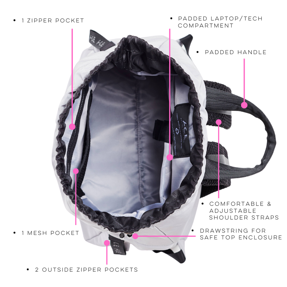 Inside view of the ACE Bagpack color Light Grey made with ECONYL® regenerated nylon