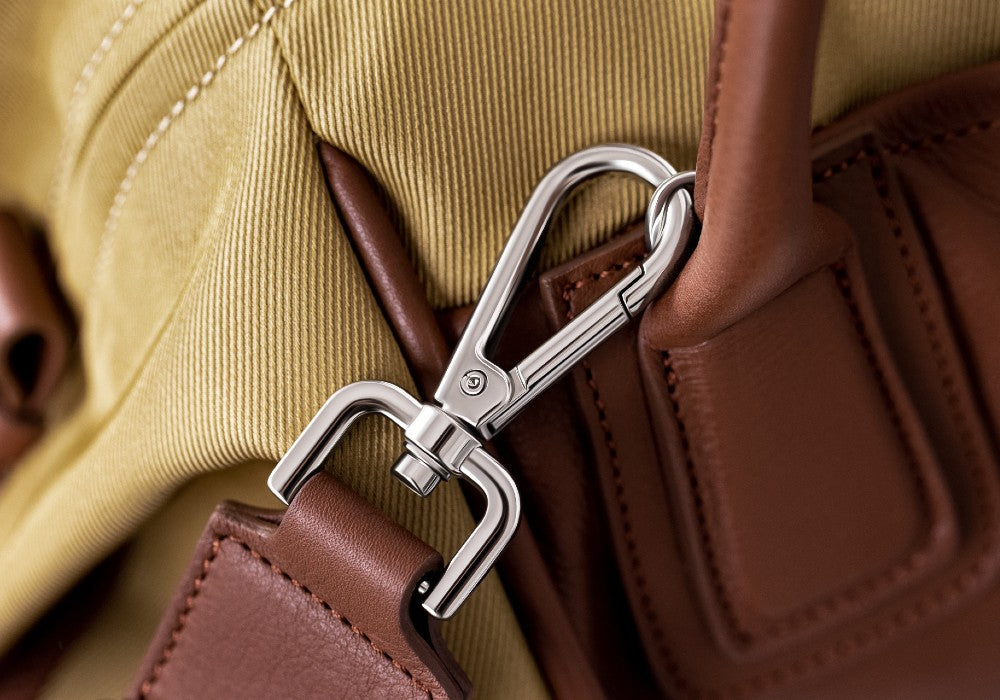 Detail of The Gallery Duffel Bag aoife® color Brown made with ECONYL® regenerated nylon