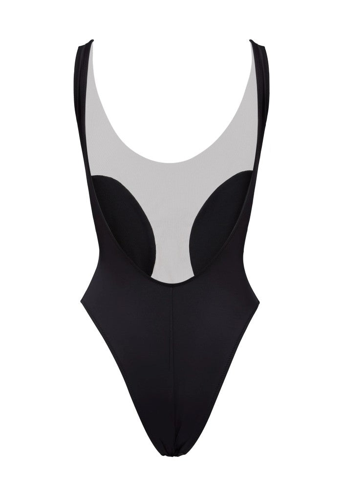 Back view of the Elements Black One Piece Swimsuit Botanical Beach Babes color Black made with ECONYL® regenerated nylon