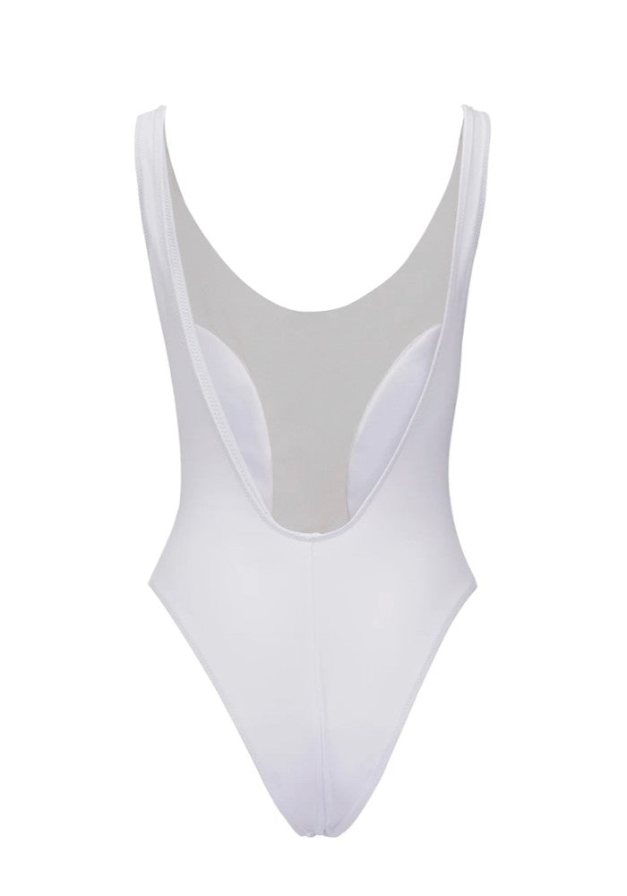 Back view of the Elements White One Piece Swimsuit Botanical Beach Babes color White made with ECONYL® regenerated nylon