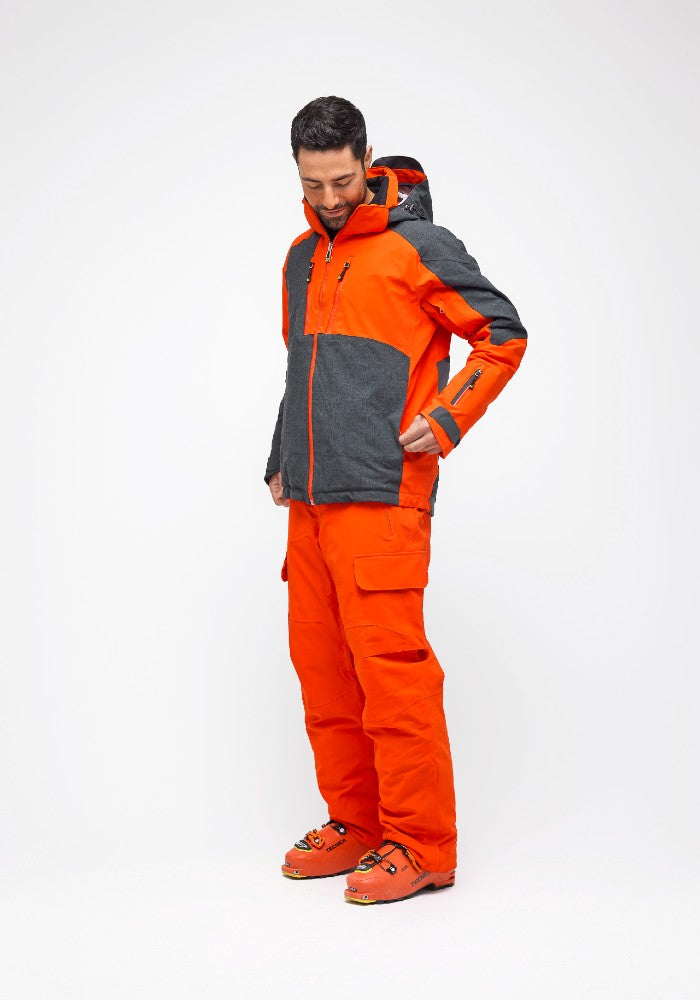 Front view of the Snowbird Wool Jacket Man Hey Sport color Grey and Orange made with ECONYL® regenerated nylon