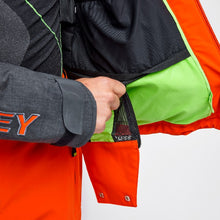 Load image into Gallery viewer, Zipper detail of the Snowbird Wool Jacket Man Hey Sport color Grey and Orange made with ECONYL® regenerated nylon
