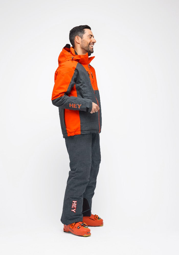 Side view of the Snowbird Wool Jacket Man Hey Sport color Grey and Orange made with ECONYL® regenerated nylon