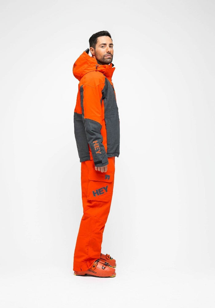 Side view of the Snowbird Wool Jacket Man Hey Sport color Grey and Orange made with ECONYL® regenerated nylon