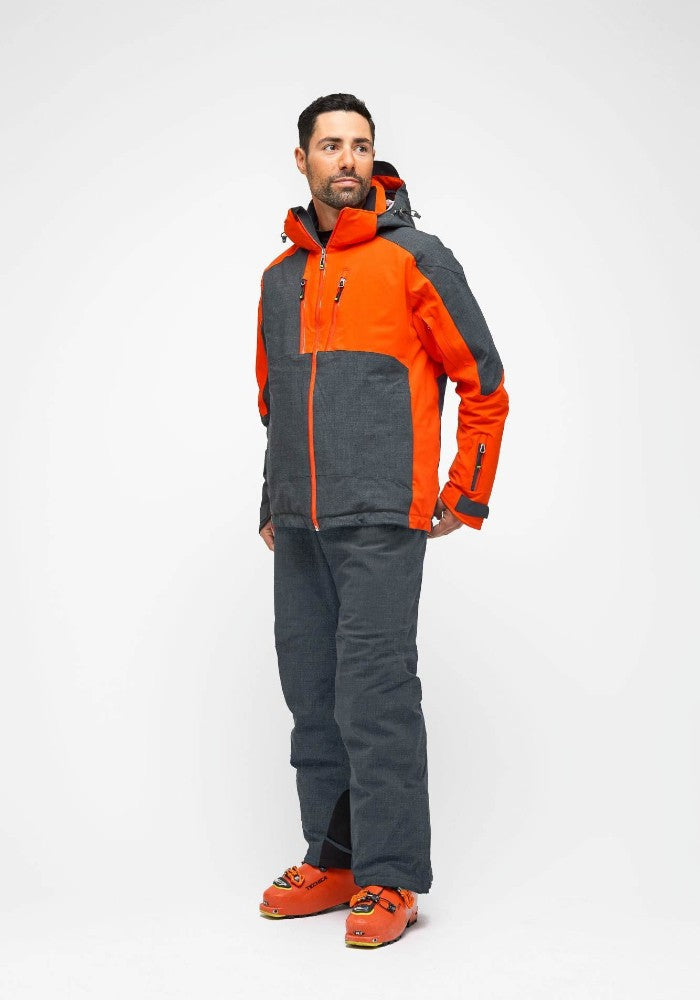 Man wearing the Snowbird Wool Jacket Man Hey Sport color Grey and Orange made with ECONYL® regenerated nylon
