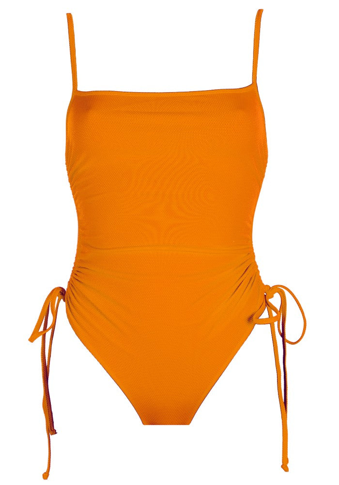 Front view of the Maui (Rainbow Collection) Swimsuit Mermazing color Orange made with ECONYL® regenerated nylon