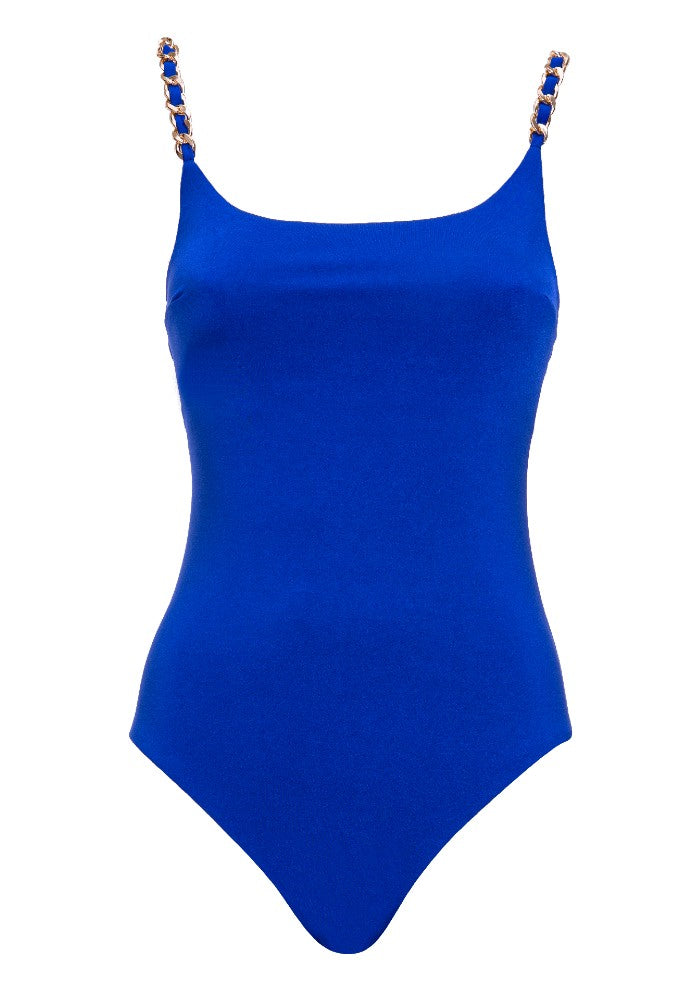 Front view of the Sophia Swimsuit Mermazing color Blue made with ECONYL® regenerated nylon