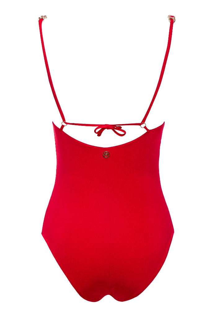 Back view of the Sophia Swimsuit Mermazing color Red made with ECONYL® regenerated nylon