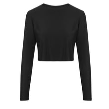 Load image into Gallery viewer, Front view of the Elin Long Sleeve Crop by Outfyt color Black made with ECONYL® regenerated nylon
