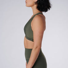 Load image into Gallery viewer, Side view of a woman wearing the Lilly V 2.0 Olive by Outfyt color Green made with ECONYL® regenerated nylon

