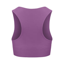 Load image into Gallery viewer, Back view of the Tula Crop Top Plum by Outfyt color Purple made with ECONYL® regenerated nylon
