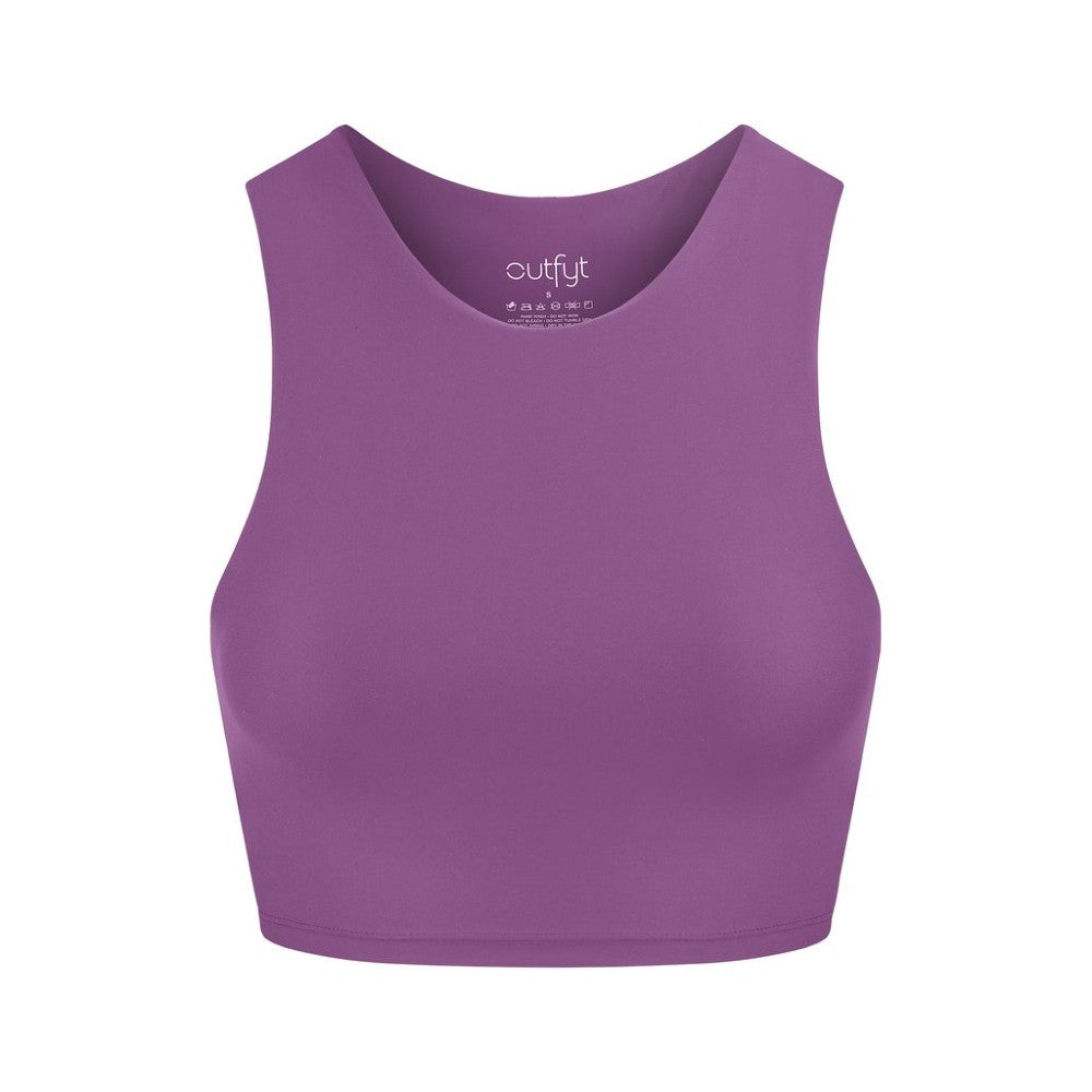 Front view of the Tula Crop Top Plum by Outfyt color Purple made with ECONYL® regenerated nylon