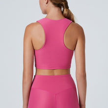 Load image into Gallery viewer, Back view of a woman wearing the Tula Crop Top Rose by Outfyt color Pink made with ECONYL® regenerated nylon
