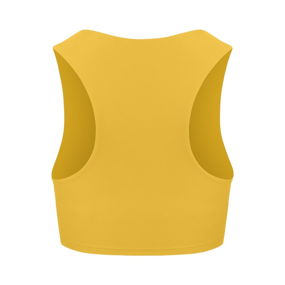 Back view of the Tula Crop Top Mustard by Outfyt color Yellow made with ECONYL® regenerated nylon