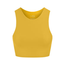 Load image into Gallery viewer, Front view of the Tula Crop Top Mustard by Outfyt color Yellow made with ECONYL® regenerated nylon
