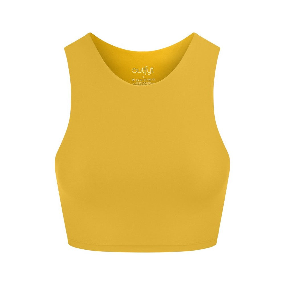 Front view of the Tula Crop Top Mustard by Outfyt color Yellow made with ECONYL® regenerated nylon