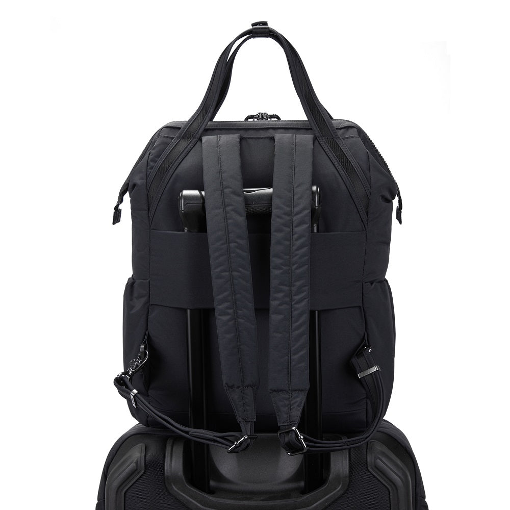 Back view of the Pacsafe Citysafe CX Anti-Theft Backpack color Black made with ECONYL® regenerated nylon on a luggage