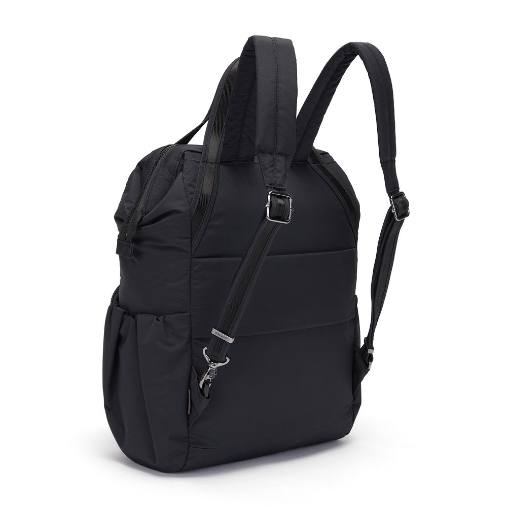 Back side view of the Pacsafe Citysafe CX Anti-Theft Backpack color Black made with ECONYL® regenerated nylon