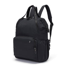 Load image into Gallery viewer, Side view of the Pacsafe Citysafe CX Anti-Theft Backpack color Black made with ECONYL® regenerated nylon
