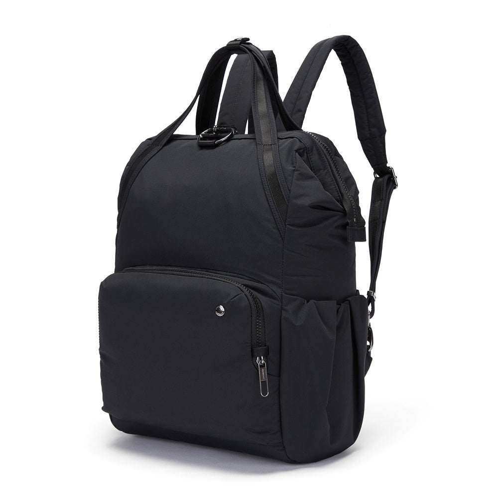 Side view of the Pacsafe Citysafe CX Anti-Theft Backpack color Black made with ECONYL® regenerated nylon