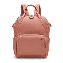 Load image into Gallery viewer, Front view of the Pacsafe Citysafe CX Anti-Theft Backpack color Rose made with ECONYL® regenerated nylon
