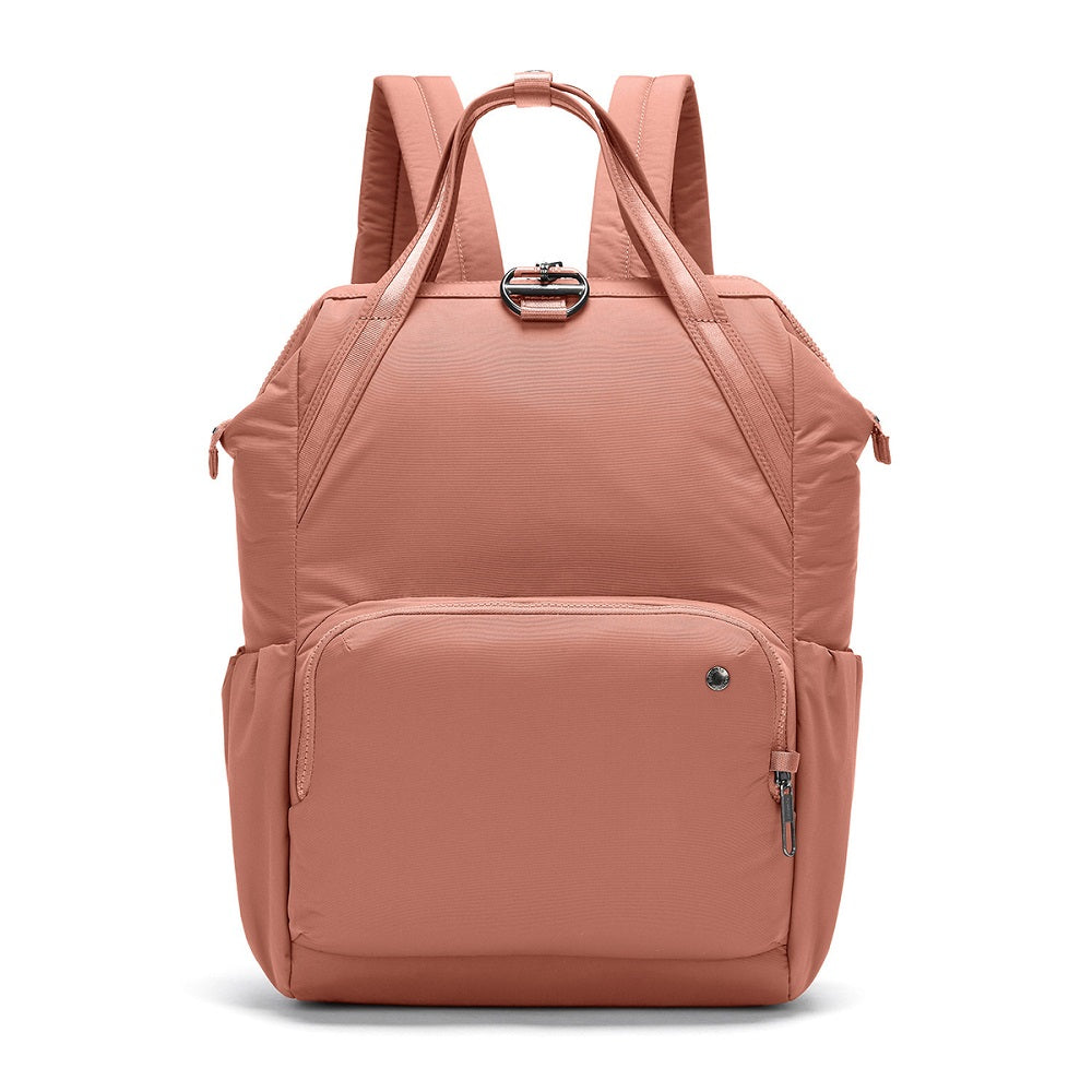 Front view of the Pacsafe Citysafe CX Anti-Theft Backpack color Rose made with ECONYL® regenerated nylon