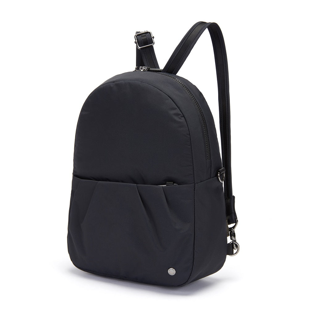 Side view of the Pacsafe Citysafe CX Anti-Theft Convertible Backpack color Black made with ECONYL® regenerated nylon