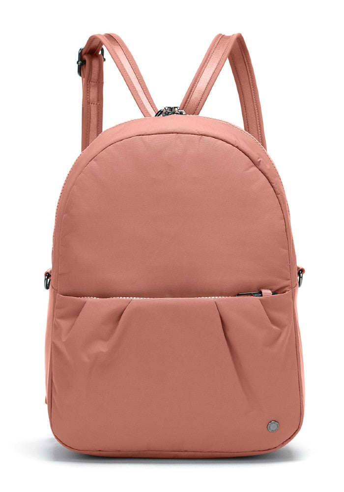 Front view of the Pacsafe Citysafe CX Anti-Theft Convertible Backpack color Rose made with ECONYL® regenerated nylon