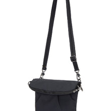 Load image into Gallery viewer, Side view of the Pacsafe Citysafe CX Anti-Theft Convertible Crossbody color Black made with ECONYL® regenerated nylon
