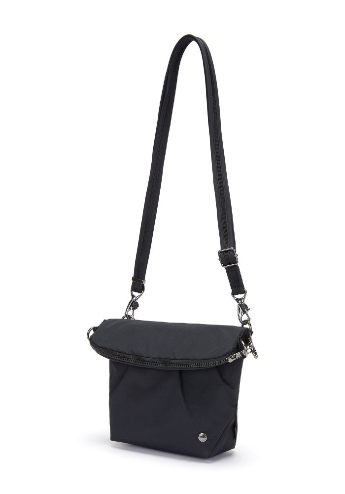 Side view of the Pacsafe Citysafe CX Anti-Theft Convertible Crossbody color Black made with ECONYL® regenerated nylon