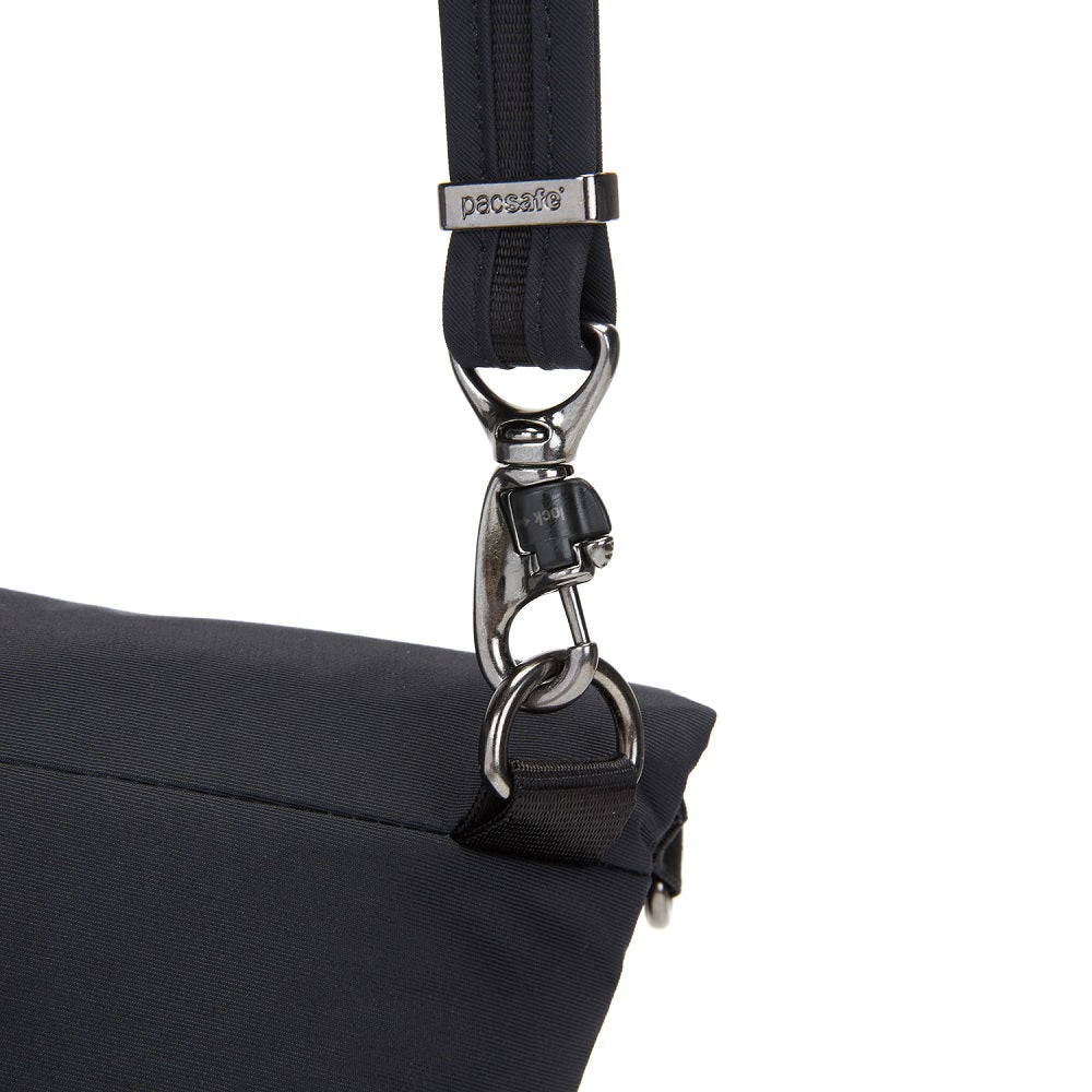 Detail of the Pacsafe Citysafe CX Anti-Theft Convertible Crossbody color Black made with ECONYL® regenerated nylon
