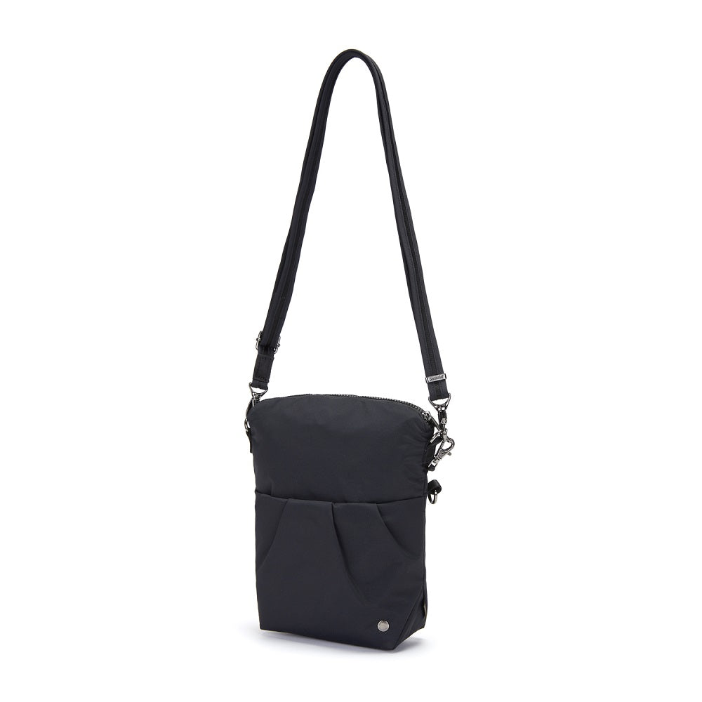 Side view of the Pacsafe Citysafe CX Anti-Theft Convertible Crossbody color Black made with ECONYL® regenerated nylon extended