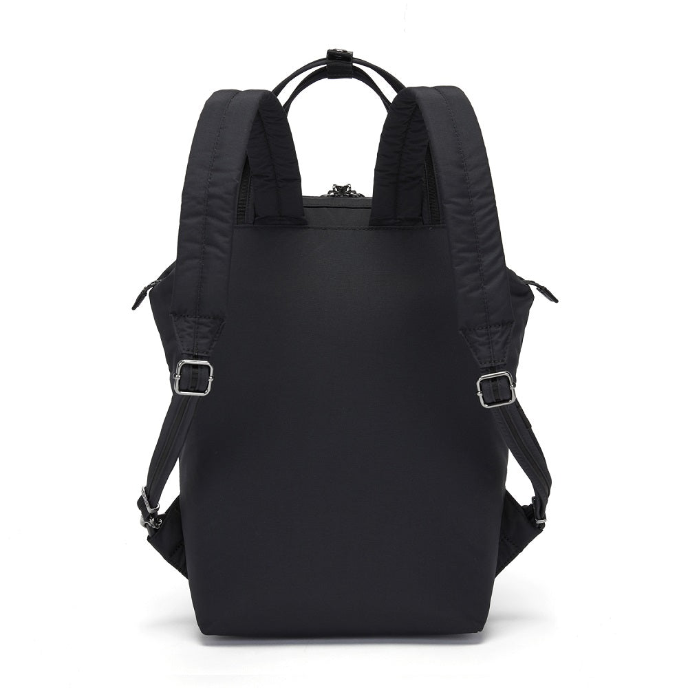 Back view of the Pacsafe Citysafe CX Anti-Theft Mini Backpack color Black made with ECONYL® regenerated nylon