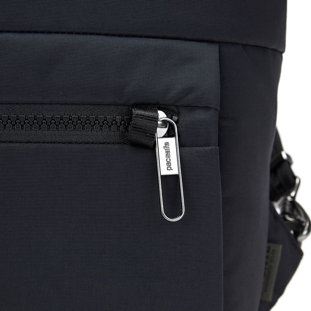 Detail of the Pacsafe Citysafe CX Anti-Theft Mini Backpack color Black made with ECONYL® regenerated nylon