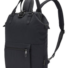 Load image into Gallery viewer, Side view of the Pacsafe Citysafe CX Anti-Theft Mini Backpack color Black made with ECONYL® regenerated nylon
