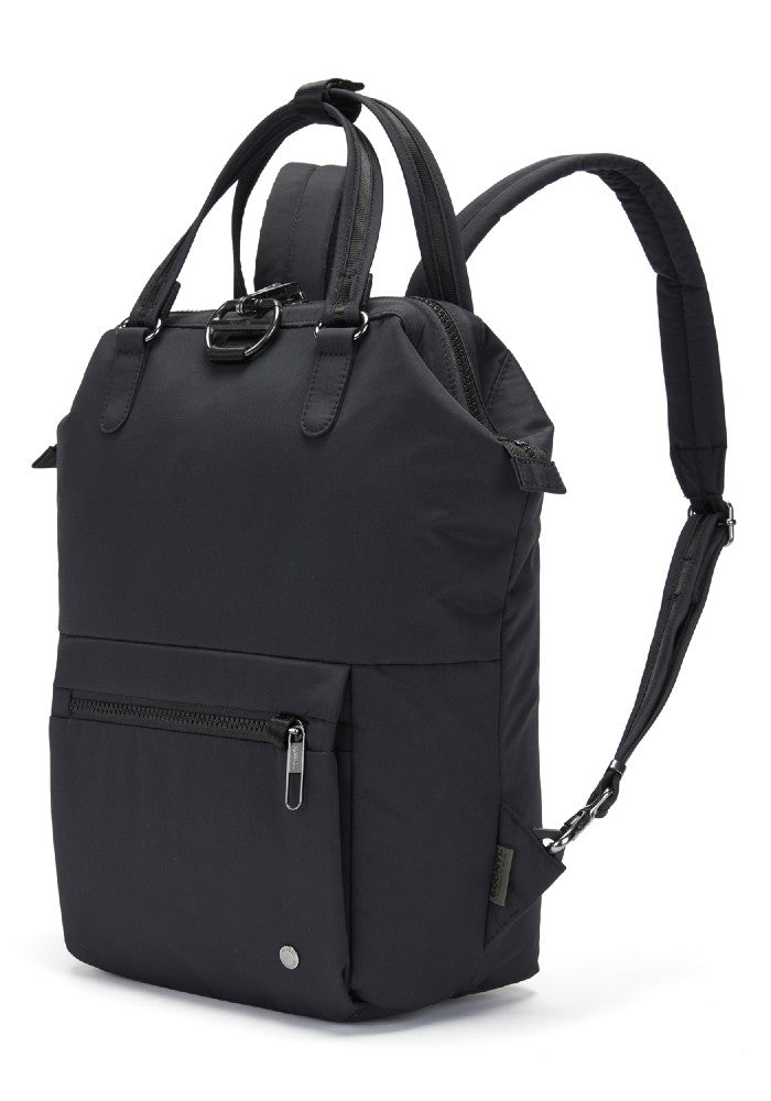 Side view of the Pacsafe Citysafe CX Anti-Theft Mini Backpack color Black made with ECONYL® regenerated nylon