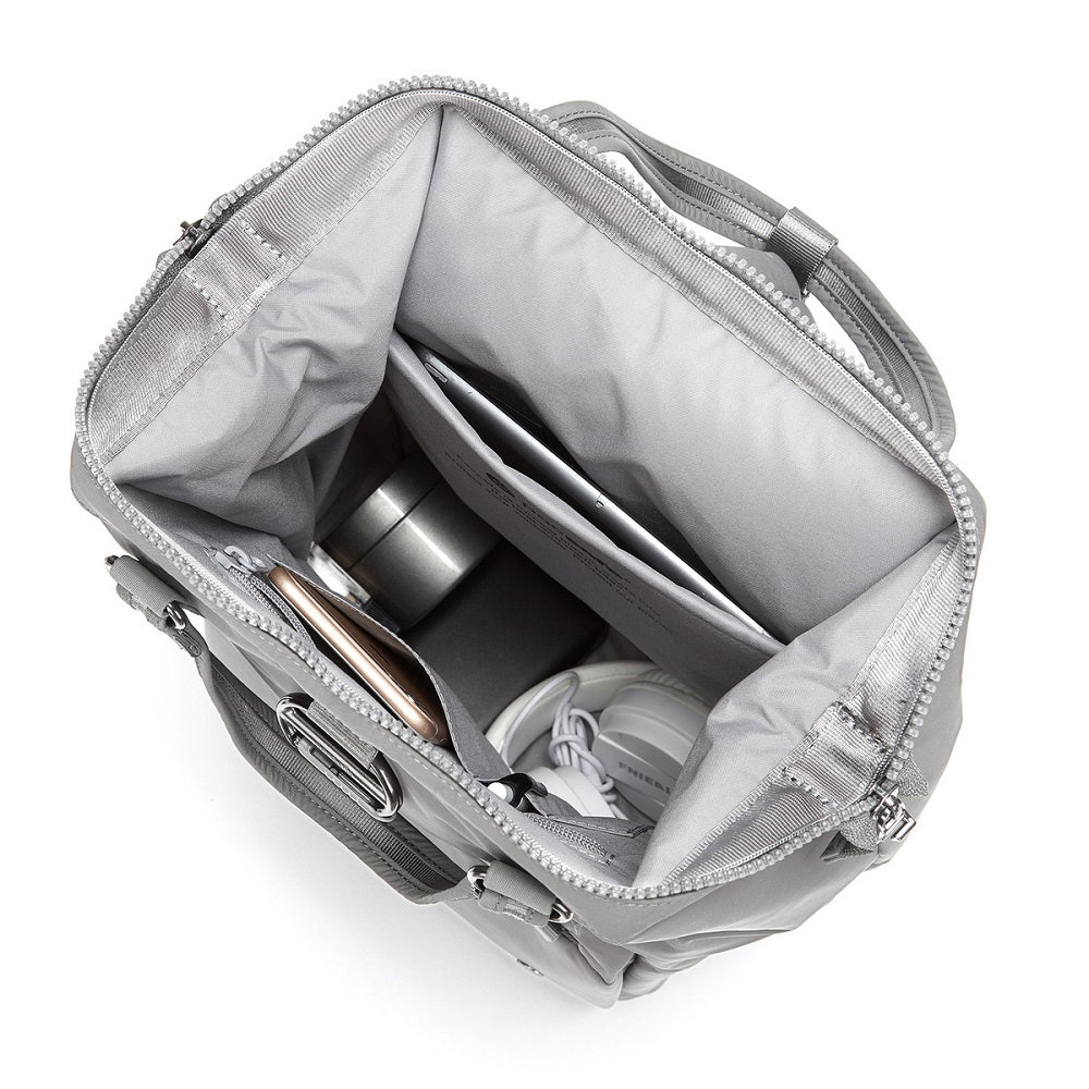 Inside view of the Pacsafe Citysafe CX Anti-Theft Mini Backpack color Grey made with ECONYL® regenerated nylon