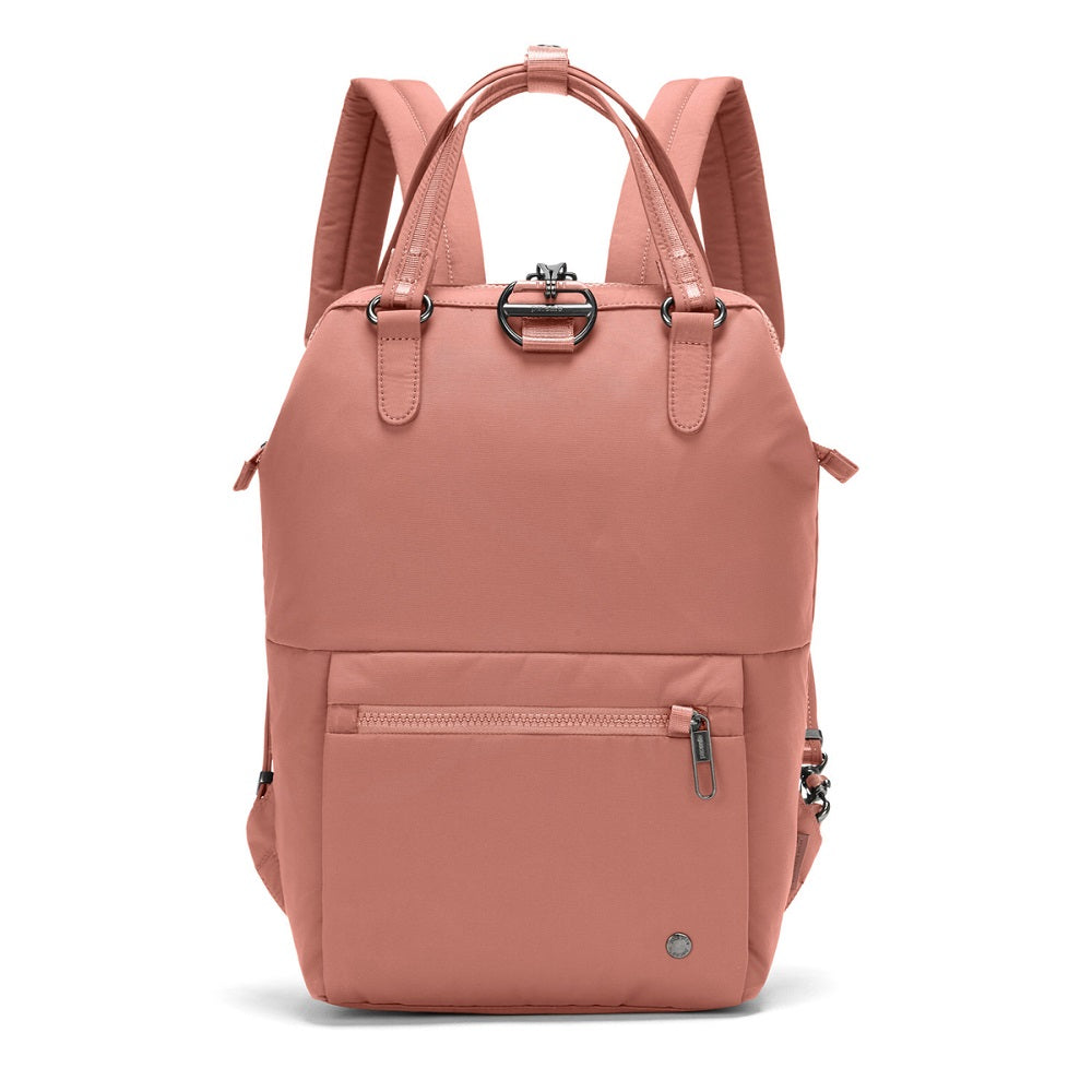 Front view of the Pacsafe Citysafe CX Anti-Theft Mini Backpack color Rose made with ECONYL® regenerated nylon